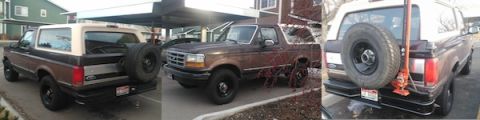 1992 Ford Bronco - This 1992 Ford Bronco is shown from multiple angles, including a rear view with a spare tire and a front three-quarter view.