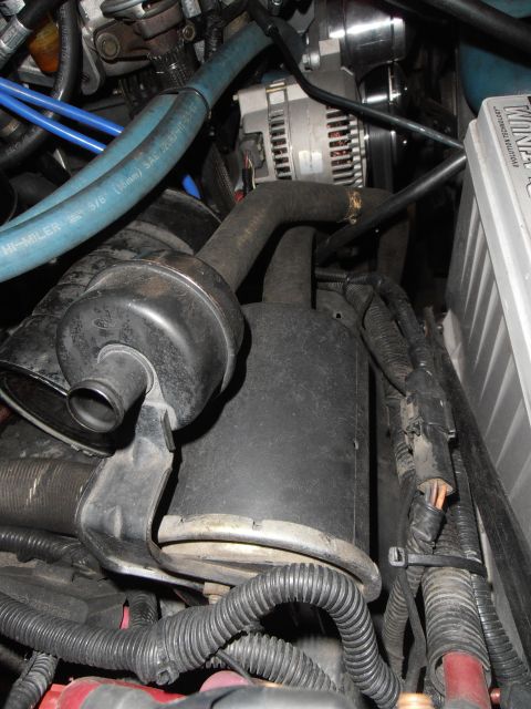 1990 Ford Bronco - Close-up view of engine bay components, including hoses and an alternator.