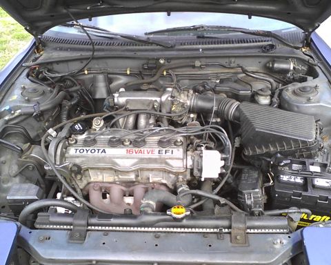 1991 Toyota Celica - The engine bay of a 1991 Toyota Celica is shown, the 16-valve EFI engine and associated components.