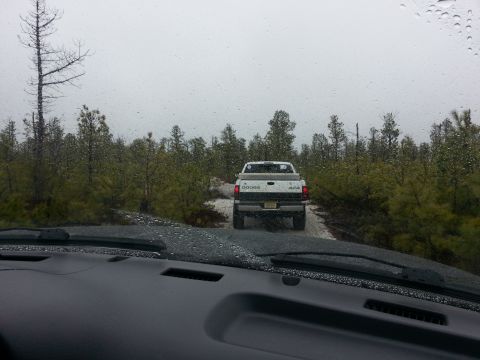 1987 Toyota 4Runner - A white Dodge pickup truck navigates a dirt road through a wooded area on a rainy day.