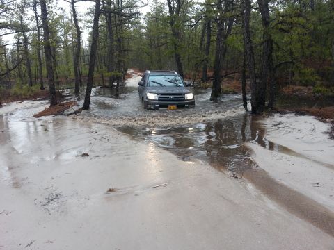 1987 Toyota 4Runner - A dark SUV navigates a flooded dirt road surrounded by trees.