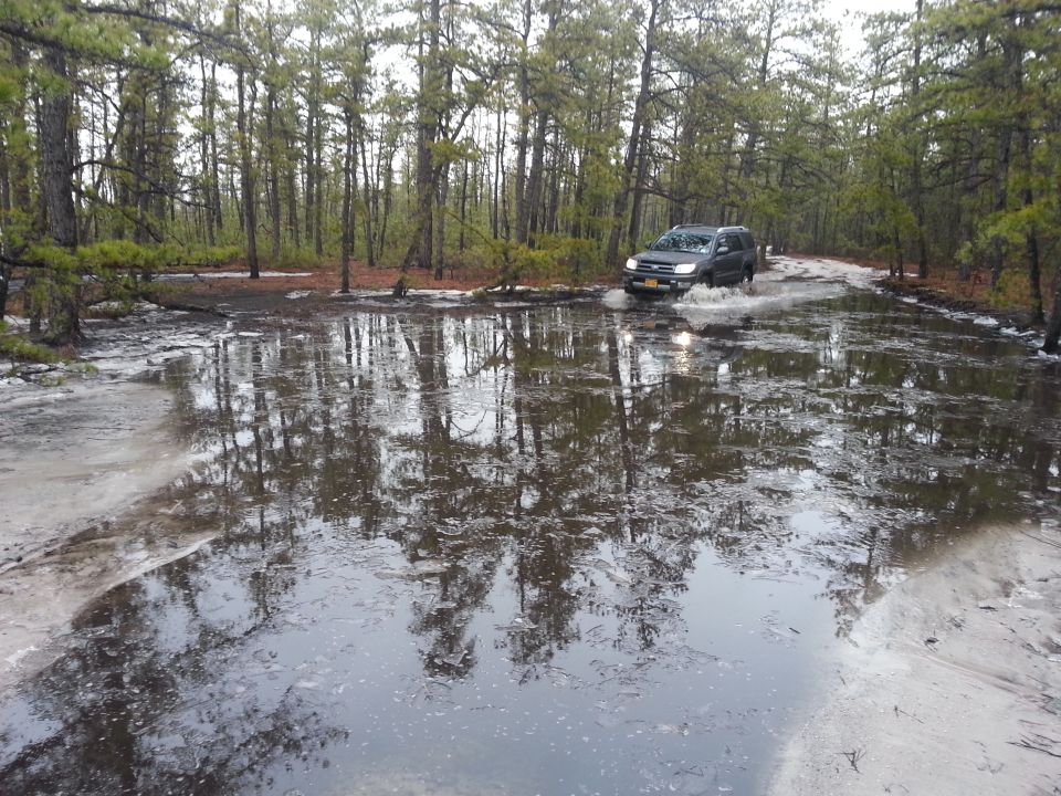 Dark SUV driving through a muddy, watery forest road. Headlights are on