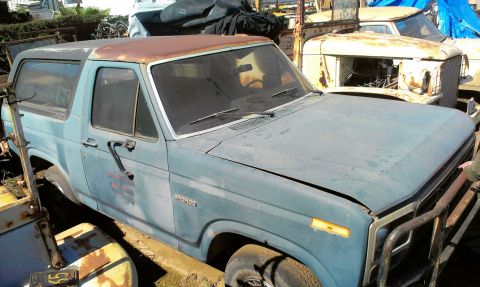 1994 Ford Bronco - A blue Ford Bronco sits in a junkyard, showing signs of rust and wear, with other vehicles in the background.