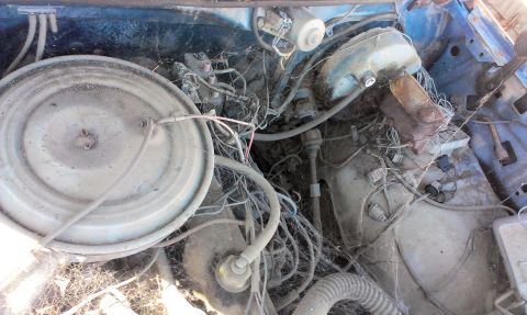 1994 Ford Bronco - The engine bay of a vehicle, showing the air cleaner, numerous wires, and other engine components covered in dust and cobwebs.