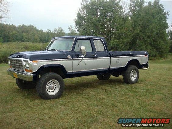 1978 Ford F-150 pickup truck, two-tone blue and silver, parked on grass