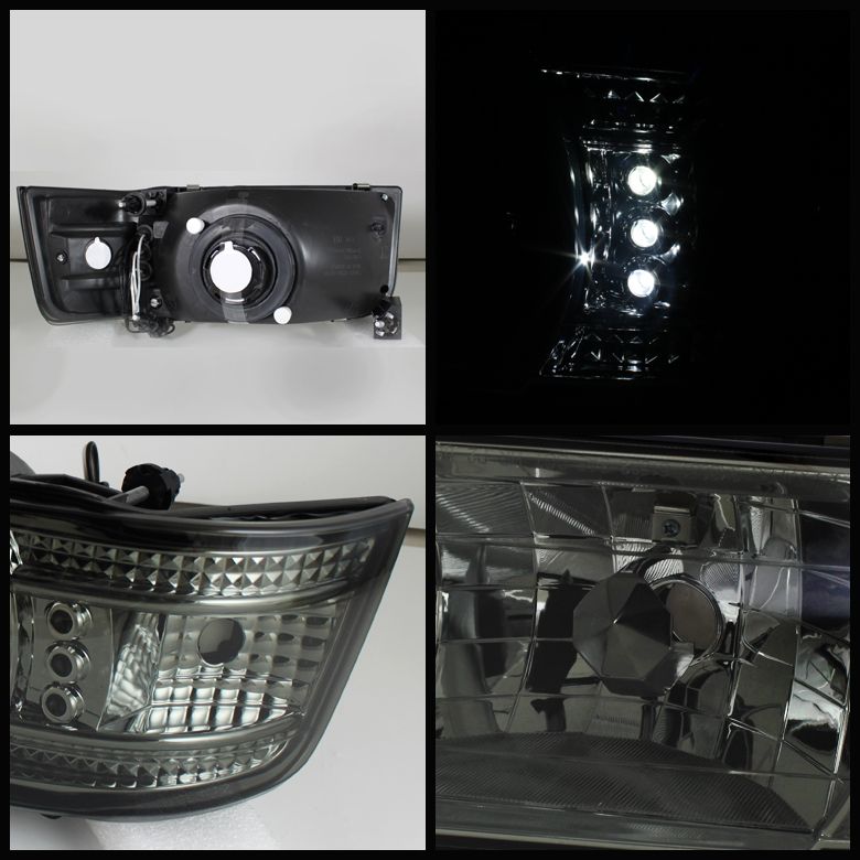 Headlight assembly with clear lens and black housing, showing LED bulbs and mounting points