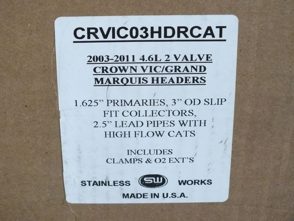 Stainless Works header product box label CRVIC03HDRCAT with spec text