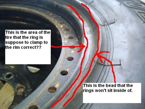 1995 Ford Bronco - Close-up view of a tire bead that is not properly seating on a rim, with annotations highlighting the issue.