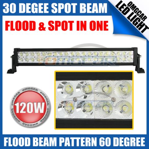 1992 Ford Bronco - This image displays an LED light bar, advertised with 120W power and a 30-degree spot beam, capable of both flood and spot illumination.