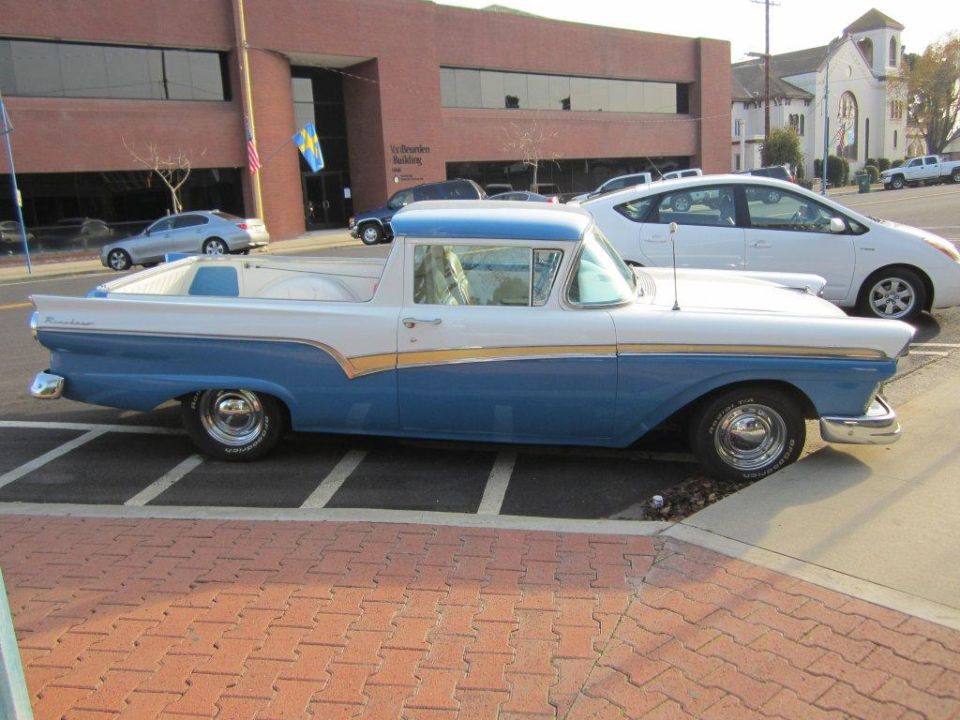 Side view of a 1957 Ford Ranchero, two-tone blue and white
