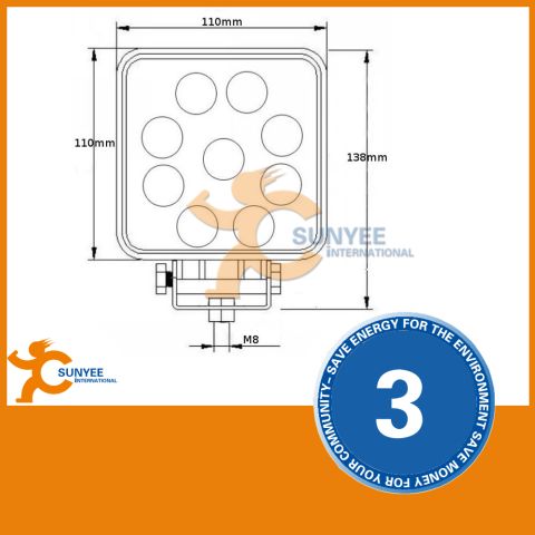 1992 Ford Bronco - Dimensioned product drawing of a square LED work light showing 110mm body, 138mm overall, and M8 mount.