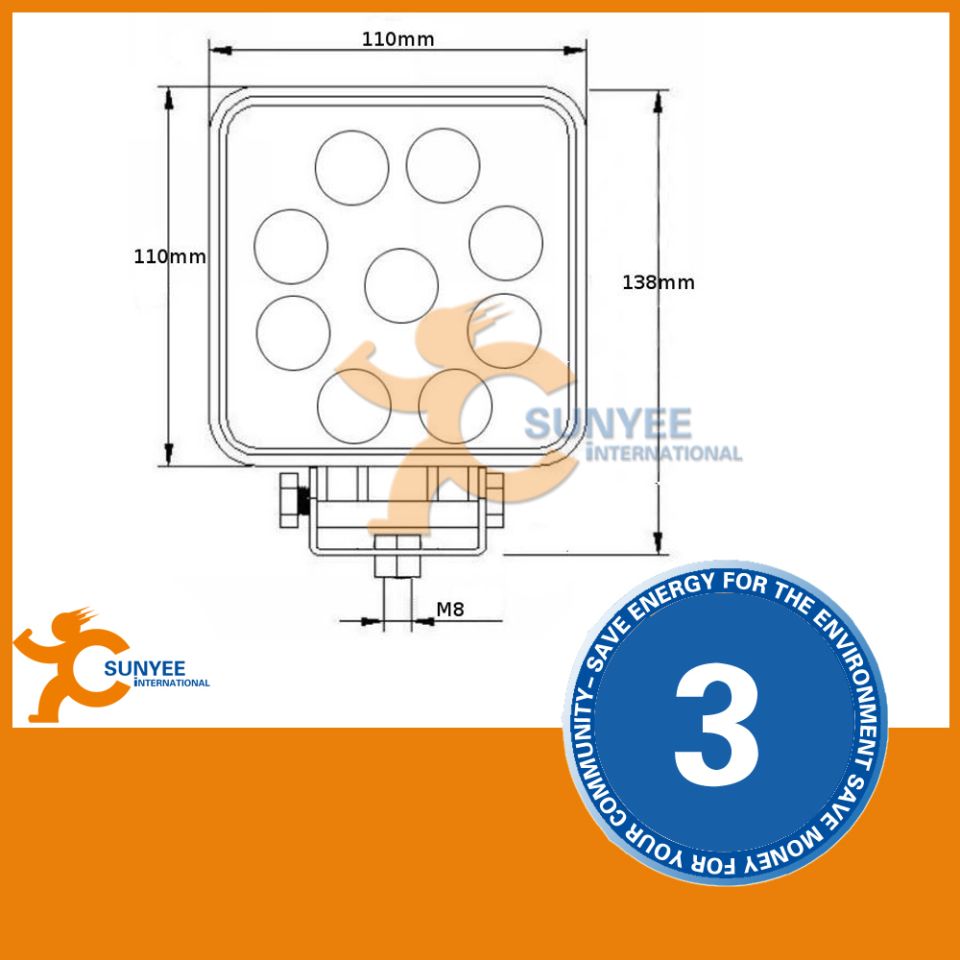 Dimensioned drawing of a square LED work light with 110mm and 138mm measurements