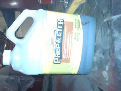 1978 Ford Bronco - Bottle of phosphoric prep and etch cleaner with instructions and warnings on the label.