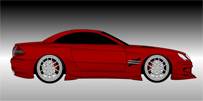 Red coupe with custom wheels and body kit, side view