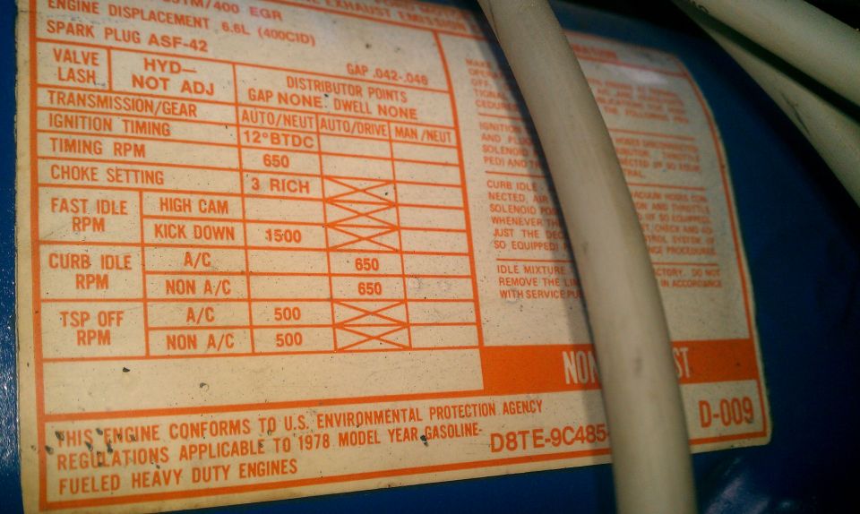 1978 Ford 400 6.6L heavy duty engine emissions decal with tune-up specs