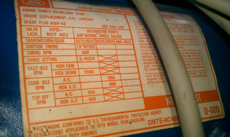 1978 Ford 351M/400 EGR engine emissions decal with timing, idle and choke specs