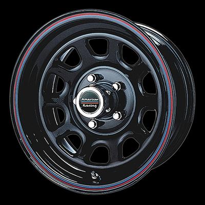 1992 Ford Bronco - A single black American Racing wheel is shown against a black background, red and blue accent stripes.