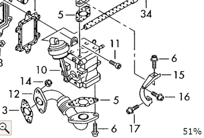 Exploded parts diagram of an EGR valve and gaskets with numbered callouts