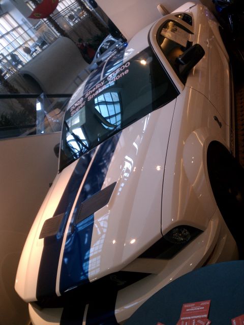 1998 Toyota Camry - A white 2008 Shelby GT500 Super Snake is displayed with blue racing stripes and hood scoops.