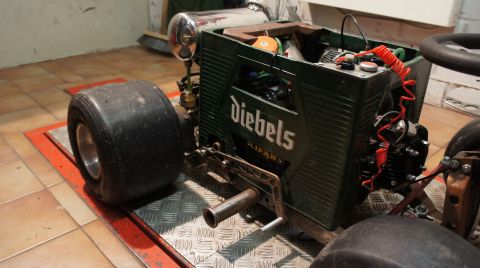 1973 Ford Ranchero - This custom go-kart features a Diebels beer crate as its body and has a visible engine and steering wheel.
