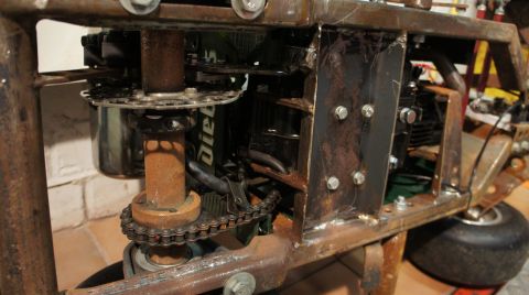 1973 Ford Ranchero - This image shows the mechanical components of a custom-built go-kart, including its engine and drivetrain.