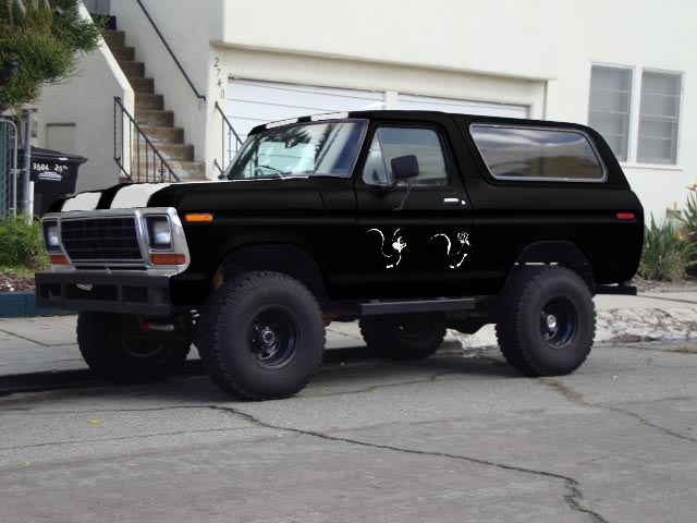 Black 1978 Ford Bronco with white stripes and skunk decals