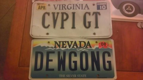 2000 Mercury Grand Marquis - A Virginia license plate reading CVPI GT is stacked atop a Nevada license plate reading DEWGONG.