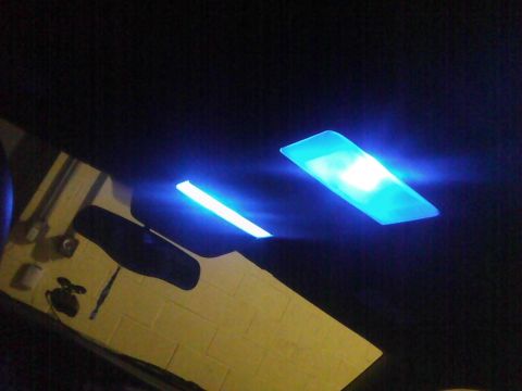 2003 Ford Crown Victoria - Blue LED interior lights installed in the headliner of a vehicle.