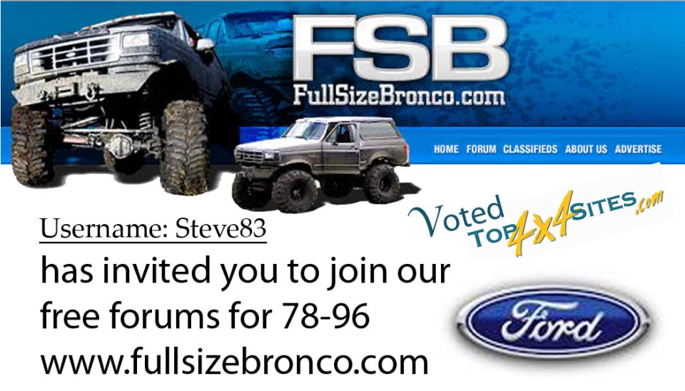 Lifted Ford Bronco and Ford F-Series truck on a website banner