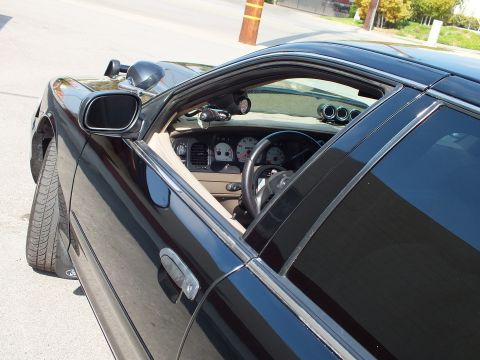 2003 Ford Crown Victoria - Side-window view into a black sedan's cabin, revealing tan dash, white gauges and aftermarket steering wheel