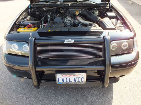 2003 Ford Crown Victoria - Front grille of a black Ford with tubular brush guard, billet insert and California plate reading EVIL VIC