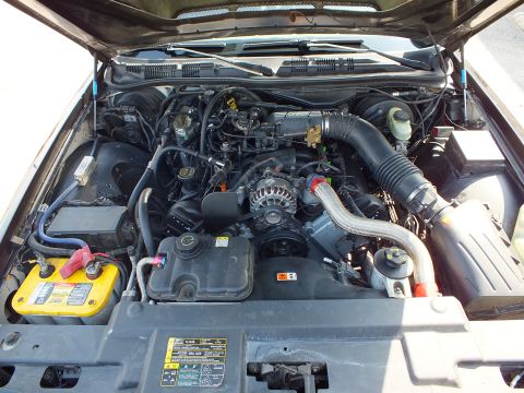 2003 Ford Crown Victoria - V8 engine compartment showing serpentine belt, air intake duct and a yellow-top battery at lower left