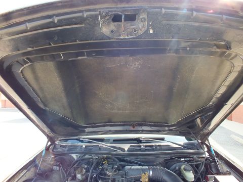 2003 Ford Crown Victoria - Open hood viewed from front showing worn underhood insulation, latch and wiper arms over the engine