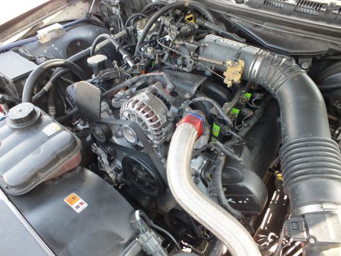 2003 Ford Crown Victoria - Close engine view of pulleys, alternator and braided hose with intake plenum across the top