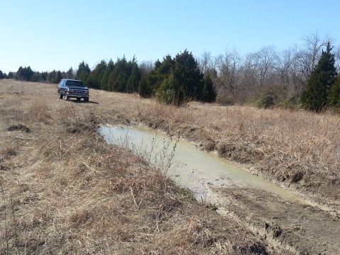 1995 Ford Bronco - A blue Ford Bronco navigates a muddy track through a dry, grassy field with trees in the background.