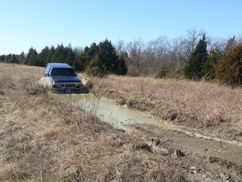 1995 Ford Bronco - A dark blue 1995 Ford Bronco navigates a muddy off-road trail on a clear day.