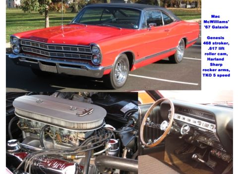 1967 Ford Galaxie - This red 1967 Ford Galaxie coupe displays its distinctive grille and body lines from a 3/4 front angle.