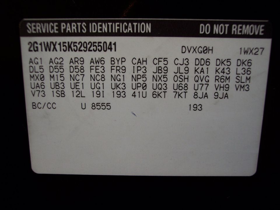 Chevrolet Service Parts Identification label with VIN 2G1WX15K529255041 and RPO codes