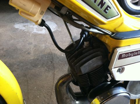 1981 Garelli Rally Sport - Close-up view of a yellow moped's engine, showing the spark plug and a "Mobylette" badge on the side panel.