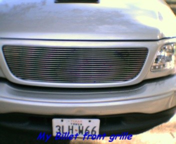 2000 Ford F-150 - Front view of a silver pickup truck's custom grille and headlights. A license plate is mounted below the grille.
