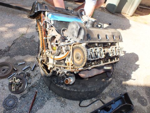 2003 Ford Crown Victoria - Side view of an engine on a tire showing timing chain and open valley, pulleys and bolts on the ground.