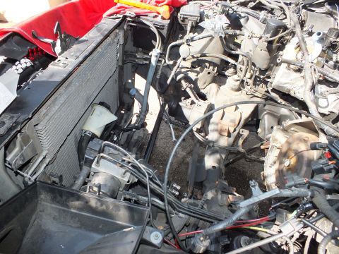 2003 Ford Crown Victoria - Top-down view into an engine bay showing radiator, hoses and the transmission during removal.