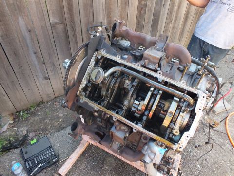 2003 Ford Crown Victoria - Underside of the engine block with crankshaft and oil galleries exposed during rebuild