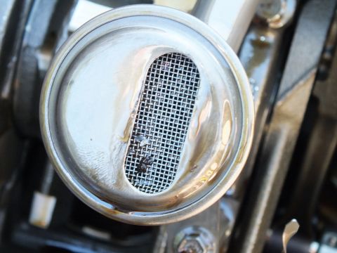 2003 Ford Crown Victoria - Macro view of an oil pump pickup screen with metal flakes caught in the mesh