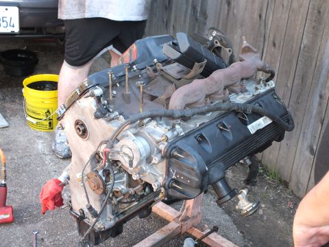 2003 Ford Crown Victoria - Disassembled V8 sitting on a homemade engine cradle near a wooden fence, oil drain bucket nearby