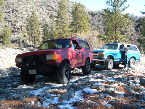 1988 Ford Bronco - Two Ford Broncos, a red one and a blue one, are parked on a rocky, snowy trail in a wooded area.