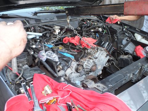 2003 Ford Crown Victoria - Mechanic's hands work in an open engine bay draped with red rags, a lifting chain crossing the compartment.