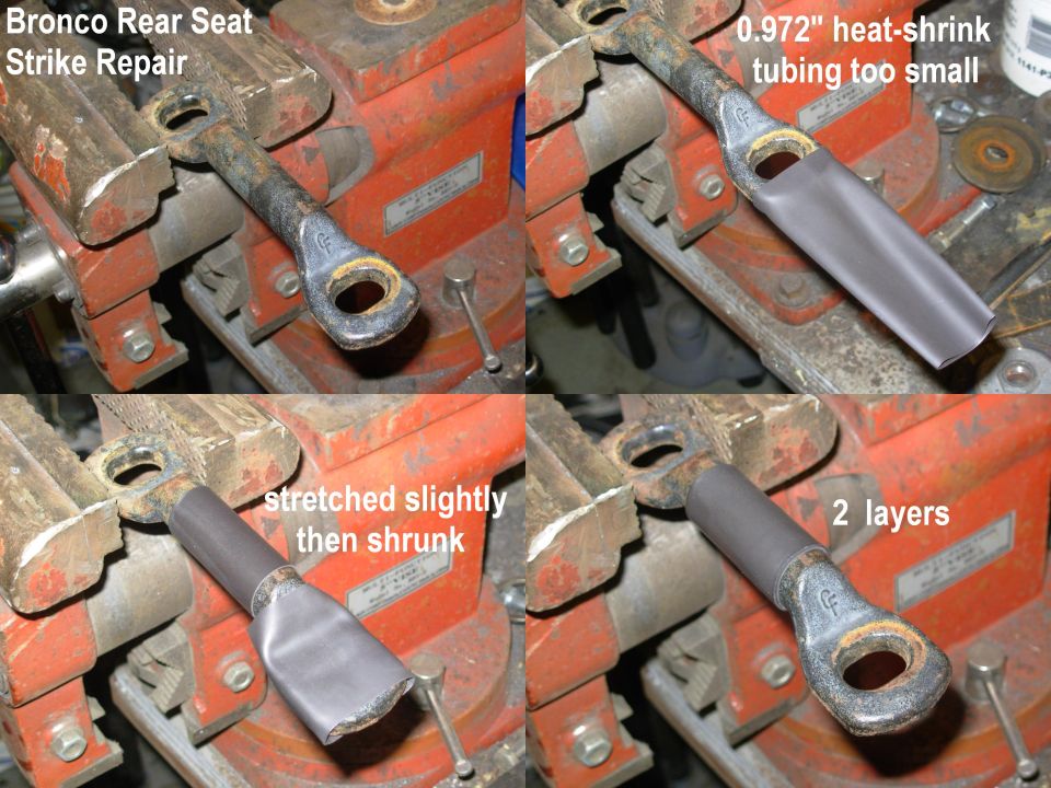 The insulator commonly wears off the rear seat strike, so to reduce noise, it must be replaced.  1" heat shrink tubing is probably the smallest that will fit, but I was able to stretch this 0.972" enough to get it over the end.  The next size up that I have is 1.35", which seemed too big to shrink down tight.  These are 2"-long sections.

http://www.harborfreight.com/88-piece-heat-shrink-tubing-assortment-with-case-67519.html