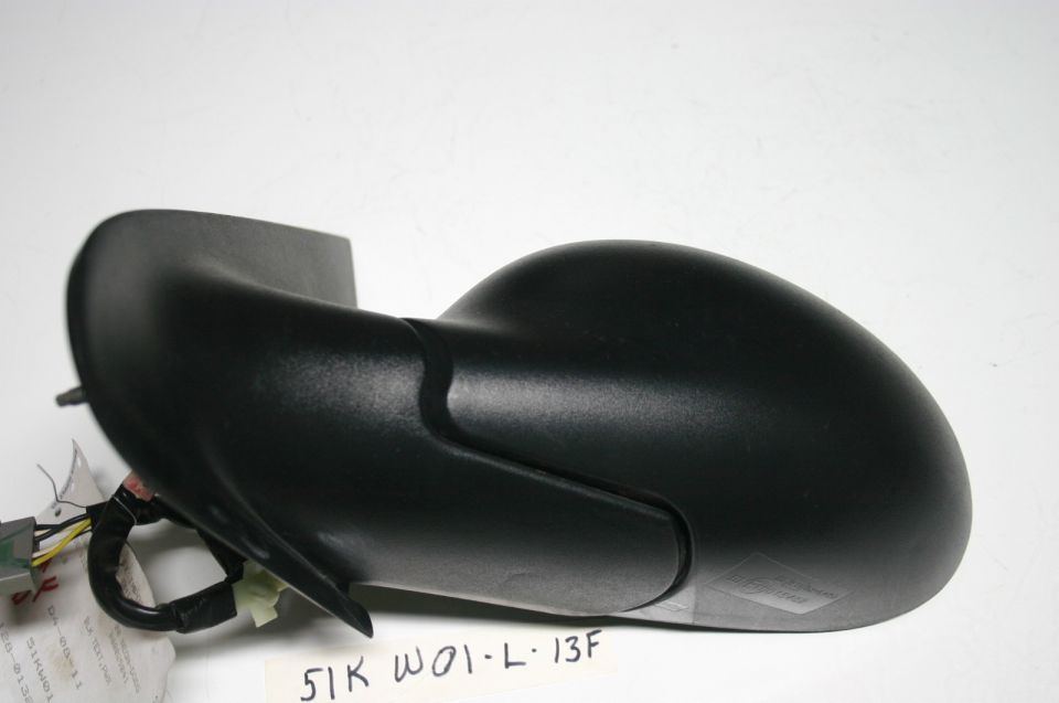 Black car side mirror with wiring harness and a label that reads 51K W01-L-13F