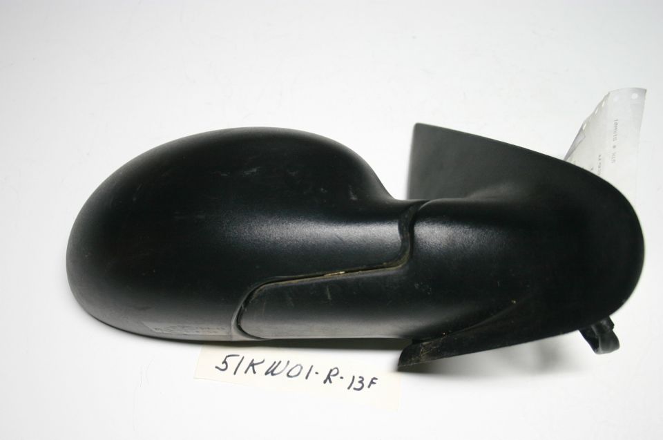 Black side mirror with a white sticker labeled 51KW01-R-13F and a Supermotors.net watermark